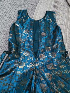 Teal &amp; Gold Floral Pattern Ethnic Gown