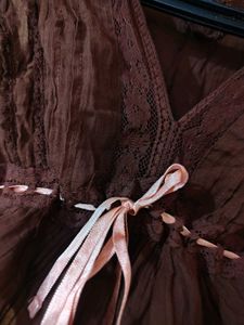 chocolate brown V-Neck Lace Trim Peasant Top