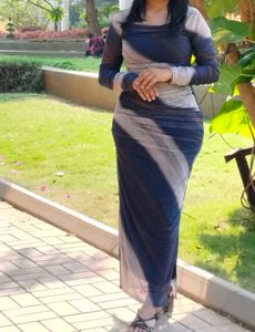 Chic Blue & Grey Mesh Maxi Dress