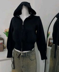 Black Cropped Zip-Up Hoodie