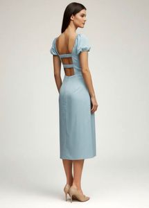 Newme Light Blue Solid Round neck midi dress