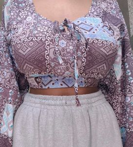 Patchwork Long Sleeve Crop Top