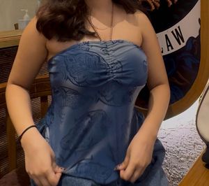 Blue Patterned Strapless Top