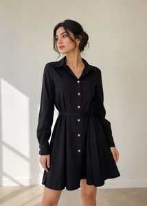 Chic Black Button-Up Shirt Dress with Belt
