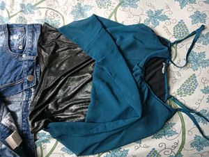 Distressed Denim Shorts &amp; Teal Camisole Set
