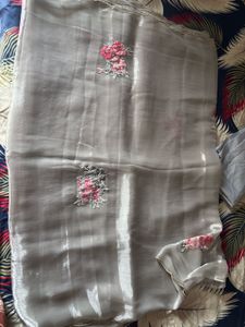 Elegant Grey Saree with Floral Embroidery