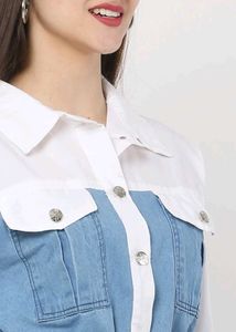 Stylish White Cotton Top with Blue Denim