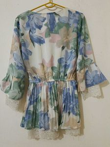 Floral Print Top with Lace Trim