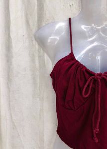 Maroon Ruched Drawstring Crop Top