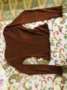 Brown Lettuce Trim Long Sleeve Top