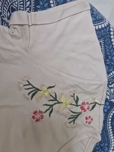 White T-Shirt with Floral Embroidery