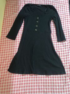 Ribbed Black Button-Up Flare Dress