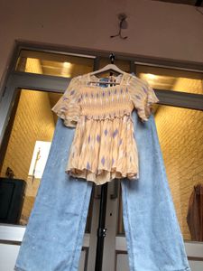 Yellow Smocked Print Top &amp; Wide Leg🎗️ Jeans