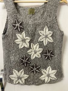 Grey Floral Knit Tank Top/ Half Sweater