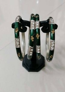 Set of 4 Green Bangles with Rhinestones