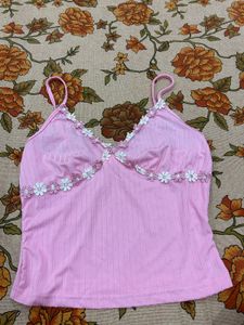 Cute Pink Cami Top with Flower Trim