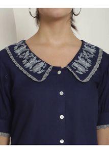 Embroidered Peter Pan Collar Navy Top