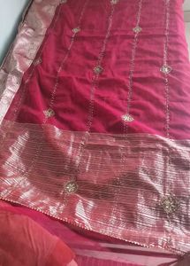 Magenta Soft Organza Handwork Saree with Zari Bord