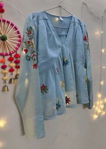 Embroidered Blue V-Neck Peplum Top