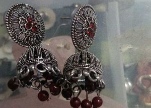 Elegant Jhumka Earrings with Red Beads