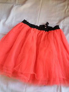 Vibrant Coral Tulle Skirt with Black Ribbon