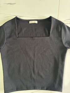 Black Ribbed Square Neck Long Sleeve Top