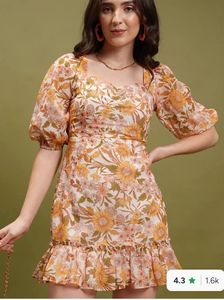 yellow and white floral printed A line dress
