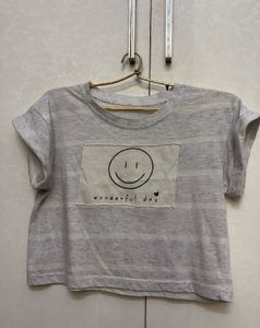 Grey Smiley Face Cropped T-Shirt