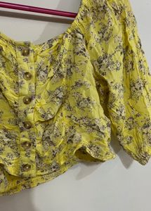Yellow Floral Cropped Button-Up Top