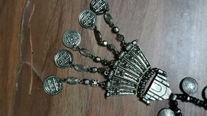 Ethnic Silver Tone Necklace with Black Beads