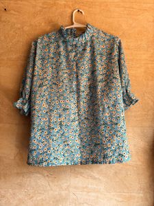 Light Blue Floral Button-Up Top