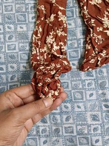 Brown Floral Ruched Long Sleeve Top