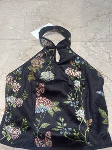 Embroidered Black Halter Neck Top
