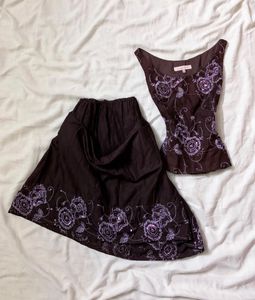 Y2k Brown floral top and skirt set