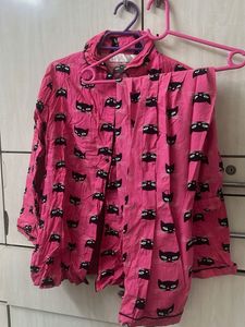 Pink Cat Print Pajama Set