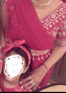 rani pink ruffle saree with belt