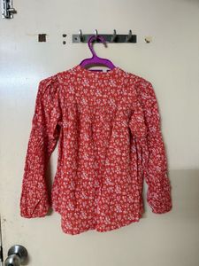 Boho Red Floral Print Tassel Tie Blouse