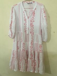 White & Pink Embroidered Tiered Kurta