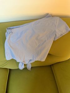 Blue Striped Tie-Front Top