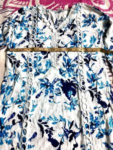 Blue Floral Print Kurta with Lace Trim