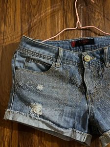 Sparkling Embellished Denim Shorts