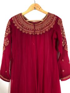 Dark Pink Embroidered Over Coat with Dupatta