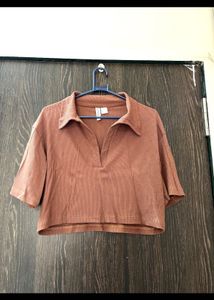 Ribbed Cropped Polo T-Shirt