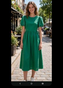 Emerald Green Puff Sleeve Midi Dress