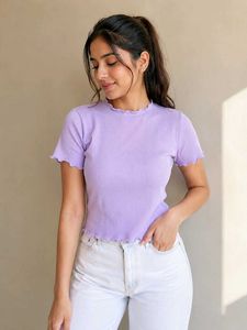 Cute Lavender Ribbed Lettuce Trim Top
