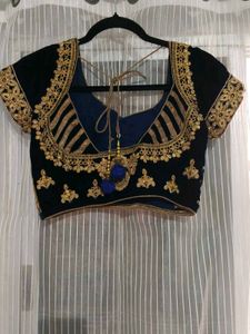 Dark Blue Embroidered Velvet Lehenga Set