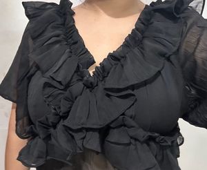 Chic Ruffled Black Sheer Top