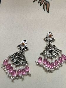 Boho Silver Jhumka Earrings with Pink Beads