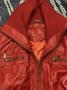 Red Faux Leather Bomber Jacket waist length