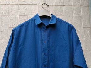 Korean Pintrest Blue Linen Button-Up Shirt